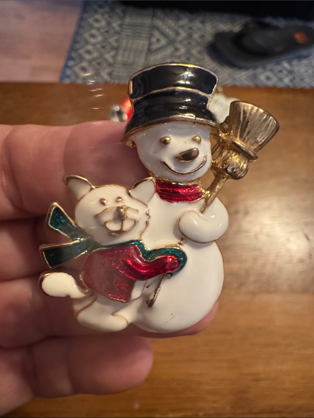 White Snowman & Cat Holiday Pin with Red and Green Accents